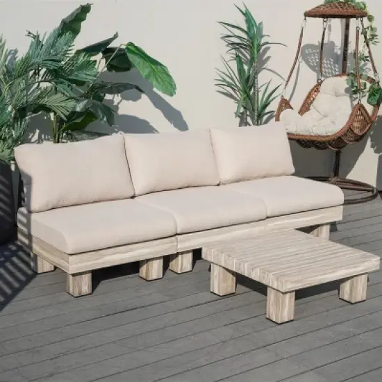 Moda Furnishings 3-person Outdoor Patio Aluminum Wood Grain Seating Group With Beige Cushions image {1}
