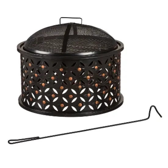 Evergreen Cylinder Lattice Fire Pit- 26 x 20 x 26 Inches Outdoor Safe and Weather Resistant with Spark Guard, Tabletop, and Poker image {1}