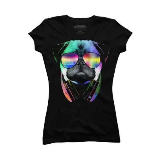Junior's Design By Humans Rainbow Disco Pug By clingcling T-Shirt image {3}