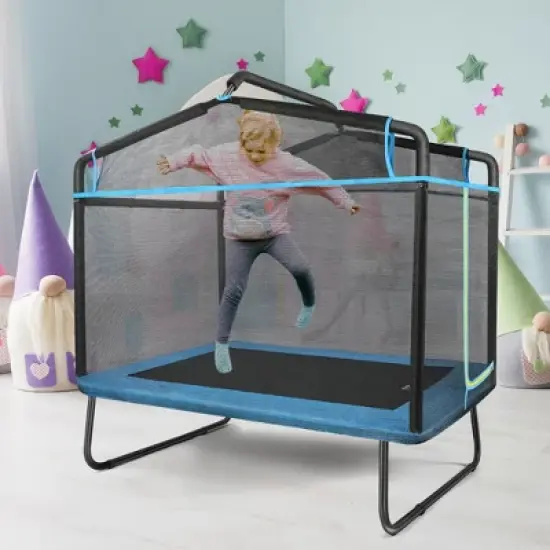 SUGIFT 3-in-1 Rectangle Kids Trampoline w/ Swing Horizontal Bar & Safety Net Outdoor image {2}