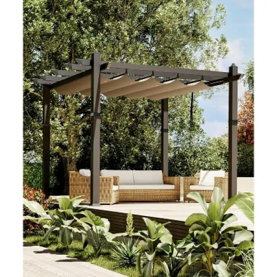 Retractable Aluminum Pergola &ndash; 10x10/10x13 Ft Wood-Grain Design, Adjustable Sunshade & Rust-Proof Frame for Patio/Backyard/Garden image {10}