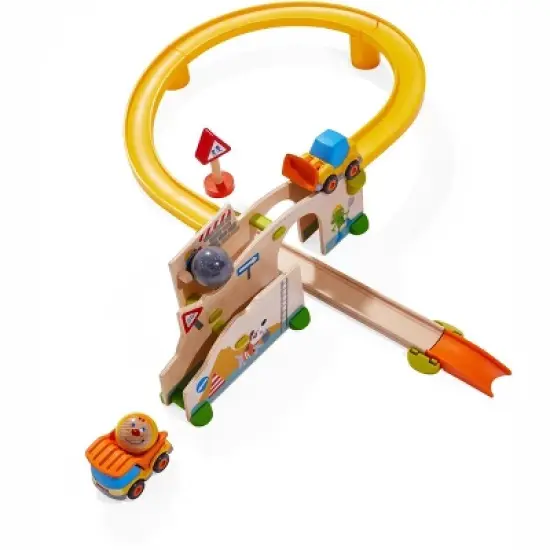 HABA Kullerbu at The Construction Site Play Track - 13 Piece Starter Set with 2 Vehicles and Ball Drop - Ages 2 and Up image {8}