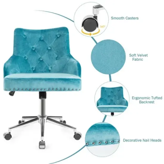 Costway Velvet Office Chair Upholstered Swivel Computer Task Chair Turquoise image {9}