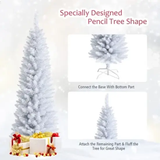 Costway 5ft Unlit Artificial Slim Pencil Christmas Tree with Metal Stand White image {8}