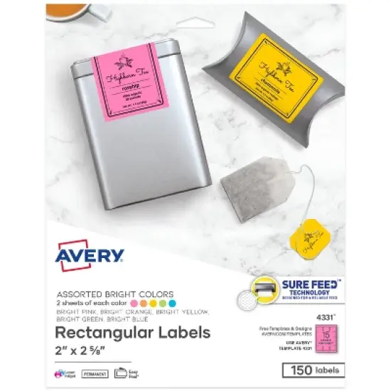 Avery Labels with Sure Feed, Assorted Bright Colors, 2" x 2-5/8", Laser/Inkjet, 150 Labels (4331) image {9}