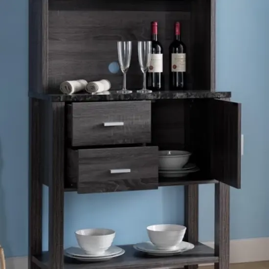 FC Design Two-Toned Baker's Rack Kitchen Utility Storage Cabinet with Drawers, Cabinet, and Black Faux Marble Top in Distressed Grey Finish image {2}