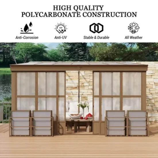 Mondawe Lean to Sunroom 12x14FT Wall Mounted Solarium with Sloping Roof, Detachable Screens, 2 Lockable Sliding Doors image {9}