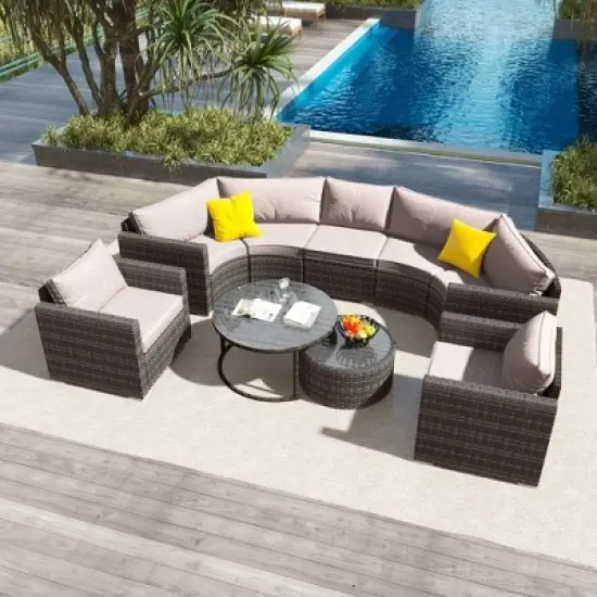 Whisen Modern Style Outdoor Half-moon Patio Sofa Set, 9-Pieces Round Sofa Set image {12}