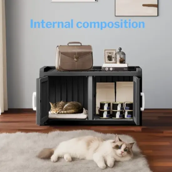 Dolonm Cat Litter Fence,Three Compartments, Cat Cabinet, Hidden Cat Litter Box, Home Style Storage Stool,Black image {6}