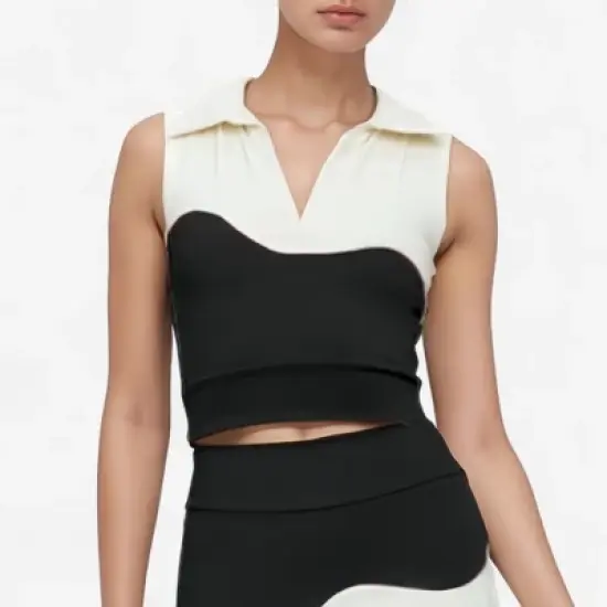 Anna-Kaci Active Women's Sleeveless Colorblock Cropped Top with Collared Neckline and Sculpted Contrast Design image {5}