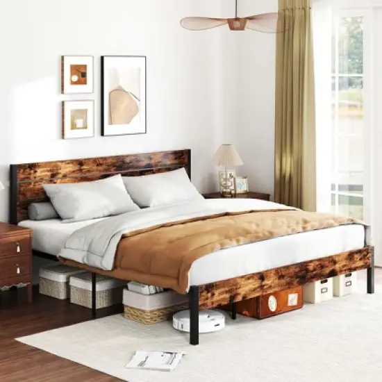 Costway Twin/Full/Queen/King Bed Frame with Tall Industrial Headboard Heavy-Duty Metal Slats Support Brown image {13}