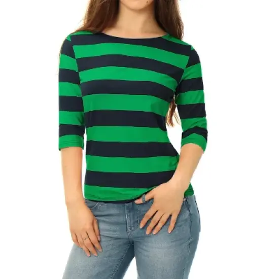 Allegra K Women's Elbow Sleeves Casual Basic Boat Neck Slim Fit T-Shirts image {10}