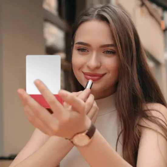 Unique Bargains Stainless Steel Pocket Travel PU Leather Mini Mirror image {5}