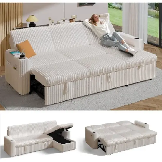 Vipbear 101" Sectional Sleeper Sofa Bed, Pull-Out Bed, Reclining Backrest, Reversible Storage Chaise, USB Ports & Cup Holders image {6}