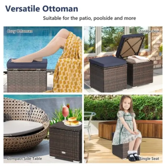 Costway 2PCS Patio Rattan Ottomans Seat Side Table Storage Box Footstool W/Cushions Navy image {6}