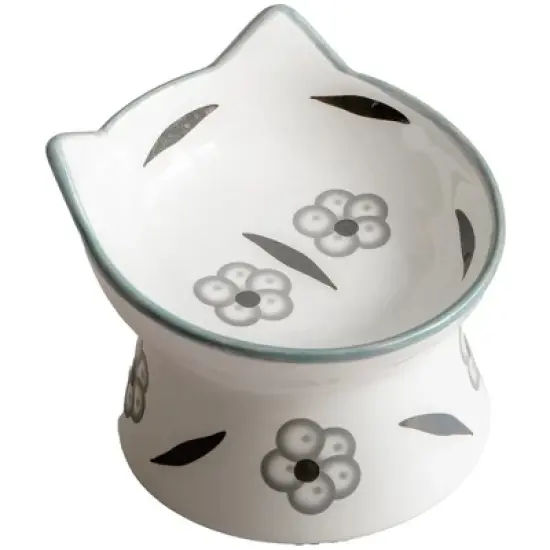 Dexypaws: Elevated Ceramic Cat Bowl, Floral White & Black, 7oz, Pet Feeding Dish image {6}