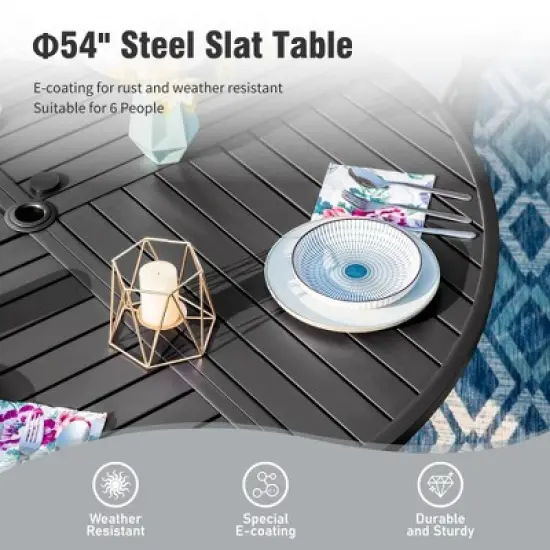 Captiva Designs 7pc Black Slatted Round Steel Table with Umbrella Hole & Grayish Brown Textilene Chairs image {2}