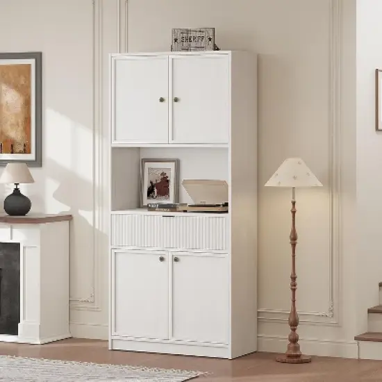 White Fluted Pantry Cabinet 70" Tall - w/Countertop, Doors & Drawer - Freestanding for Kitchen, Dining & Living Room image {6}