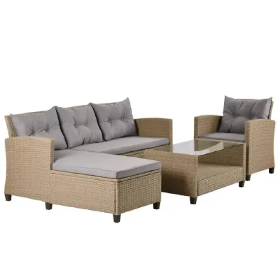 4pc Wicker Patio Conversation Set with Cushions - Beige/Brown - GODEER image {13}
