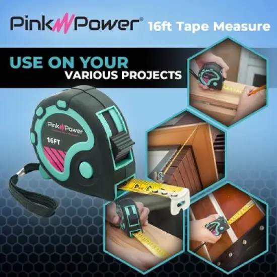Pink Power 16 Ft Tape Measure with Fractions &ndash; Blue Heavy-Duty Small Measuring Tape Retractable with Easy-Read Markings, Self Centering Return image {2}