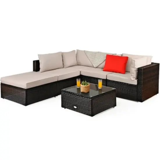 Costway 6PCS Outdoor Rattan Furniture Set Patio Seating Set Cushioned Ottoman image {8}