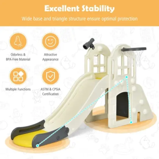 Infans 6 in 1 Toddler Large Slide for Kids with Basketball Hoop, Ring Toss, 2 in 1 Convertible Climbing Way, Freestanding Slide Climber Set, Yellow image {5}
