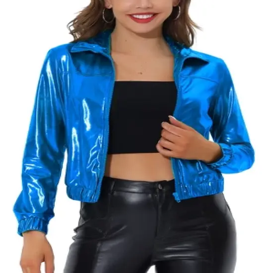 Allegra K Women's Track Holographic Shiny Long Sleeve Metallic Zip Front Jacket image {9}