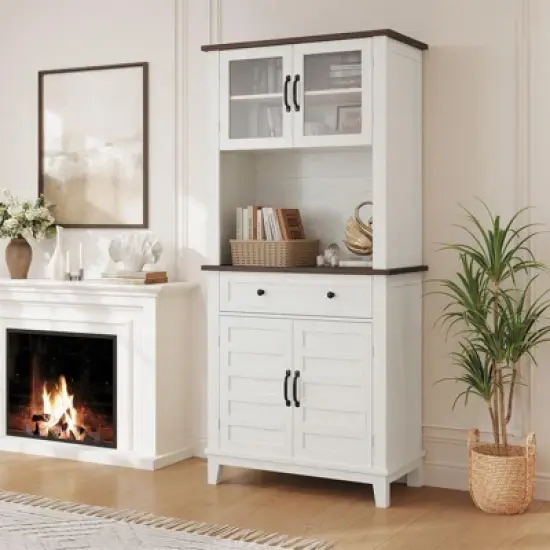 Kitchen Pantry, 72" Farmhouse Coffee Bar Table with Storage Drawers & Glass Doors image {2}