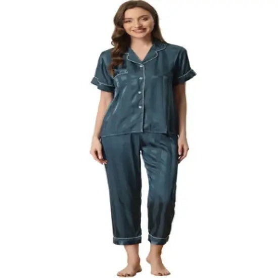 cheibear Womens Satin Button Down Short Sleeve Long Pants Pajama Set image {1}