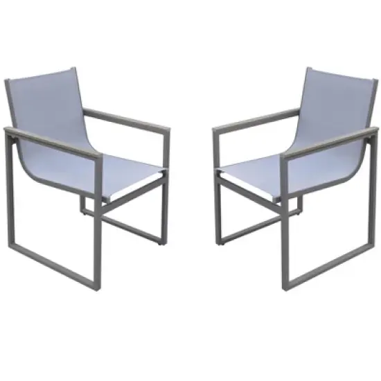 Outdoor Patio Dining Chair in Gray Powder Coated Finish with Gray Sling Textilene and Gray Wood Accent Arms - Set of 2 image {5}