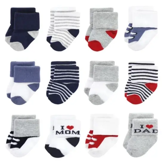 Hudson Baby Infant Boy Cotton Rich Newborn and Terry Socks, Mom  Dad Boy Navy Red image {9}