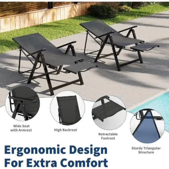 Folding Chaise Lounge Chair,Chaise Lounge Chairs with10 Adjustable Positions&Retractable Footrest,Lightweight Recliner for Outdoor, Beach image {2}