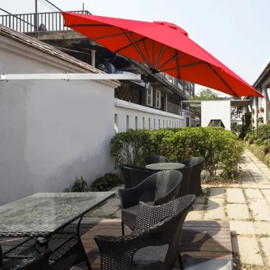 Costway 8ft Wall-Mounted Umbrella Telescopic Folding Tilt Sun Shade Tan\Turquoise image {11}