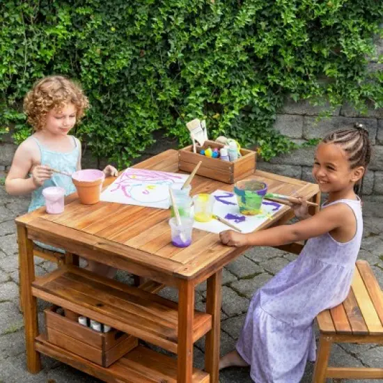 Guidecraft Acadia Kids Outdoor Craft Table and 2 Bench Set: Acacia Wood Activity Desk w/ Storage, Kids Play Table & Bench for Backyard, Patio, Garden image {1}