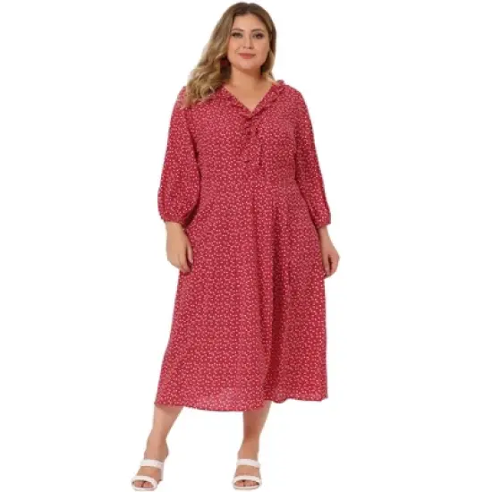 Agnes Orinda Women's Plus Size Casual Long Sleeve Sweetheart Print Midi Ruffle Dress image {2}