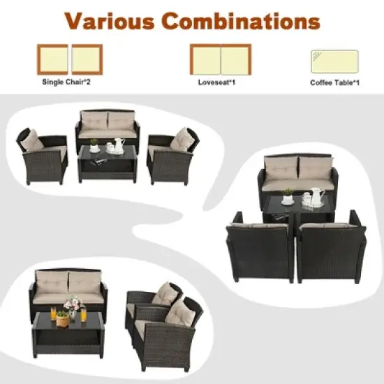 Costway 4PCS Outdoor Rattan Furniture Set Cushioned Sofa Armrest Chair Lower Shelf Brown image {7}