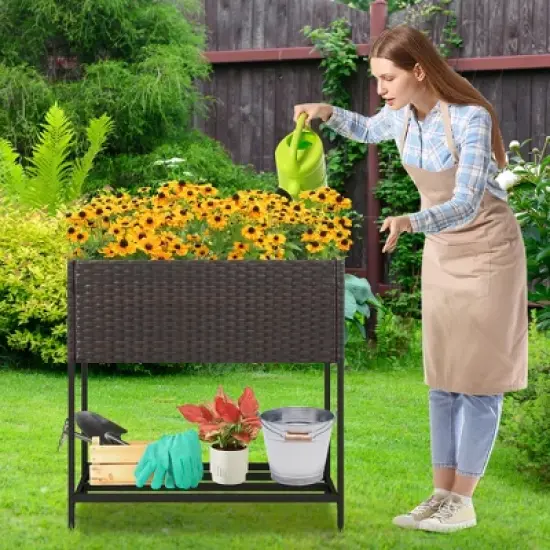 Tangkula Elevated Planter Box Raised Garden Bed w/ Rattan Surface Bottom Storage Shelf image {2}