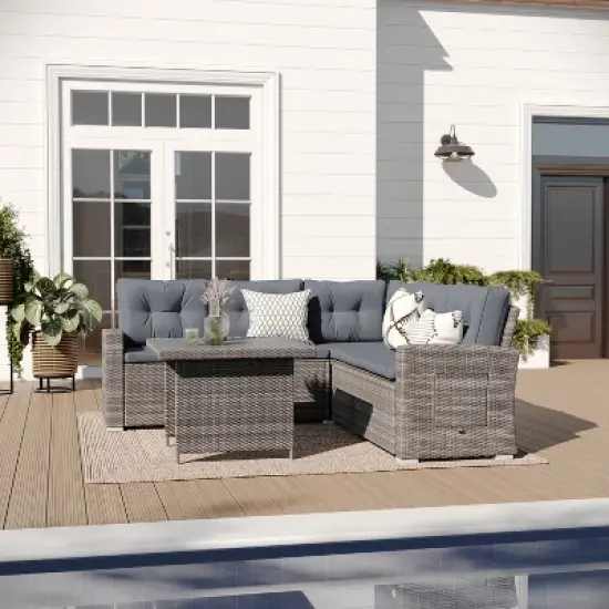 Merrick Lane Indoor/Outdoor L-Shaped Sofa/Dining Table Conversation Set with Wicker Rattan Construction and Weather-Resistant Cushions image {14}