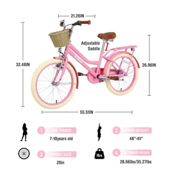 NAYSAYE Girls Bike with Basket 20 Inch Steel Frame for Kids Aged 7 to 10 for Outdoor Fun, Light Pink, 55.51"*21.26"*32.48" image {3}