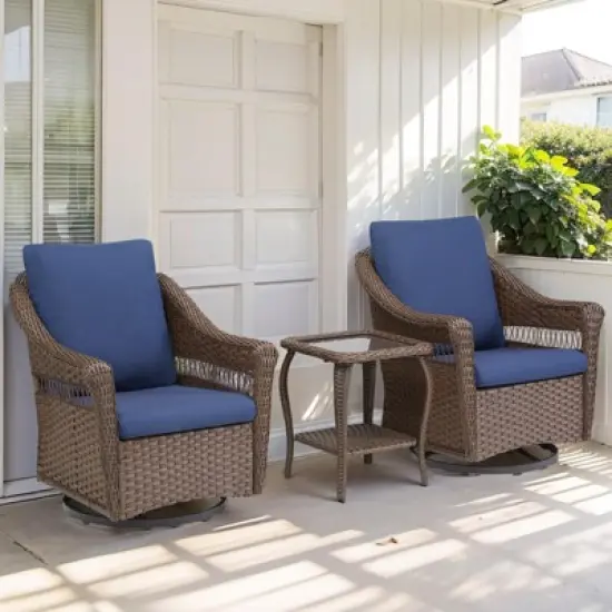 Buenhomino 3-Piece Patio Set, Wicker Swivel Glider Chairs & Side Table, Weather-Resistant with Cushions for Porch, Deck, or Balcony image {9}