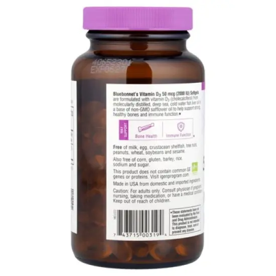 Bluebonnet Nutrition Vitamin D3, 50 mcg (2,000 IU), 250 Softgels image {2}