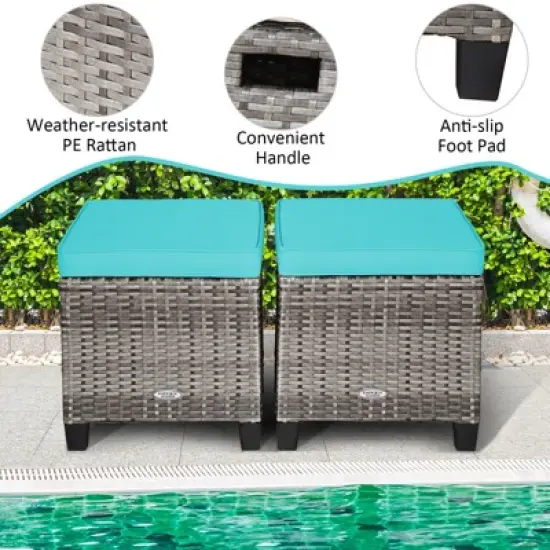 Tangkula Set of 2 Outdoor Rattan Cushioned Ottoman Seat All Weather Patio Footrest Red/Turquoise image {3}