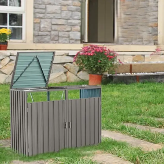 Gulches Garbage Bin Shed Stores 2 Trash Cans Metal Outdoor Bin Shed for Garbage Storage,Stainless Galvanized Steel, Bin Shed for Garden Yard Lawn,Grey image {7}
