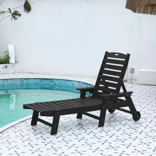 5 Level Adjustable Outdoor Chaise Lounge With Wood Texture,HDPE Patio Chaise Lounge,Patio Lounge Chair With Wheels And Cup Holder -Maison Boucle image {7}