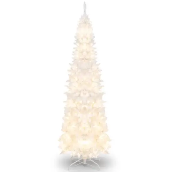 Costway 7FT Pre-Lit Hinged Pencil Christmas Tree White w/ 300 LED Lights & 8 Flash Modes image {8}