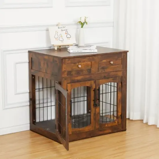 COZONY Wooden Dog Crate Furniture with 2 Drawers & 3 Doors, Removable Cushion, Decorative End Table Pet Cage for Small to Large Dogs image {3}