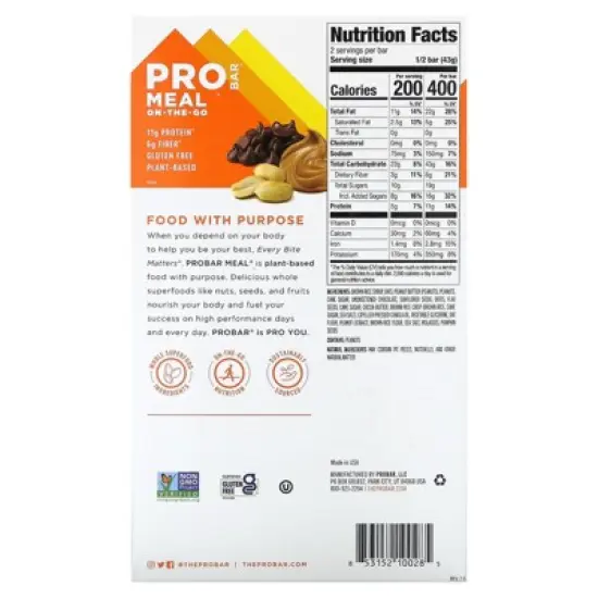 ProBar Meal On-The-Go, Peanut Butter Chocolate Chip, 12 Bars, 3 oz (85 g) Each image {1}