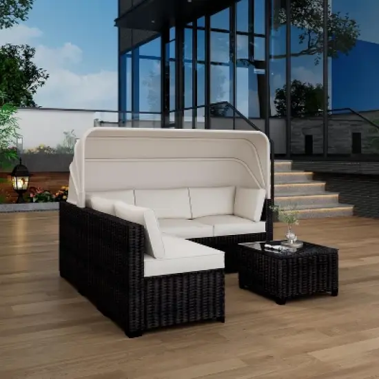 Jojoka 6-Piece Outdoor Sofa Set, Daybed with Retractable Canopy, Patio Lounge with Adjustable Backrests, Chaise Lounge, Garden Furniture image {3}