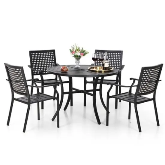 5pc Outdoor Dining Set with Metal Slat Round Table with Umbrella Hole - Captiva Designs image {1}