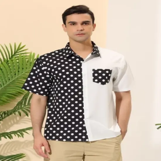 Lars Amadeus Men's Summer Polka Dots Short Sleeves Button Down Patchwork Beach Shirt image {1}